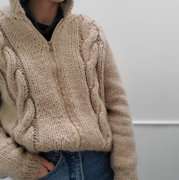 VINTAGE Chunky Handmade Knit Zip-Up Sweater - Picture 8 of 11
